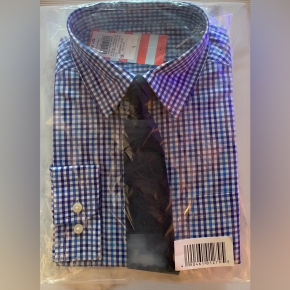 Cat & Jack Boys Sz 12 Dress Shirt & Tie Set Navy Royal Blue Gingham Check NEW - Picture 1 of 4